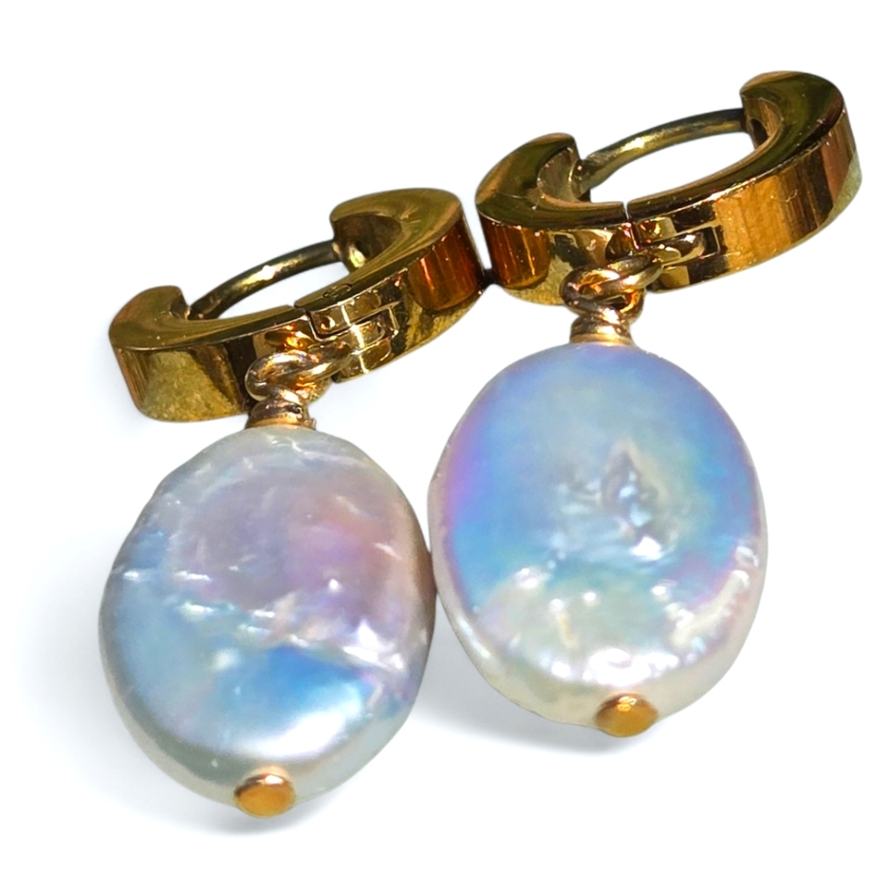 Natural Pearl Earrings Gold Huggie Hoops Rainbow Luster New